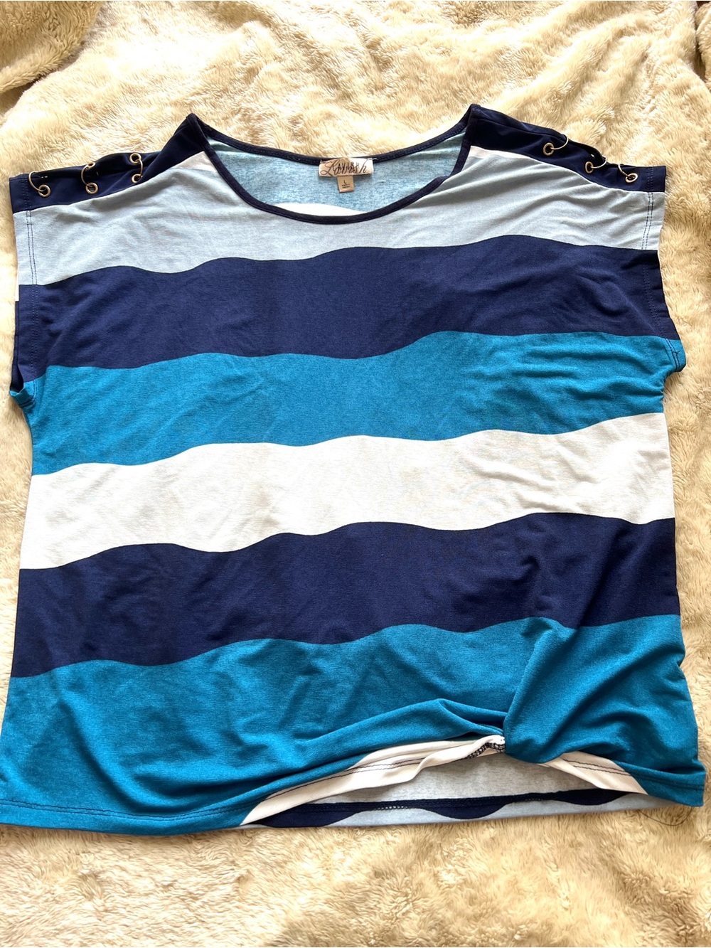 LAVISH Woman's Blue Stripes Short Sleeve Metal Ring Blouse Size L